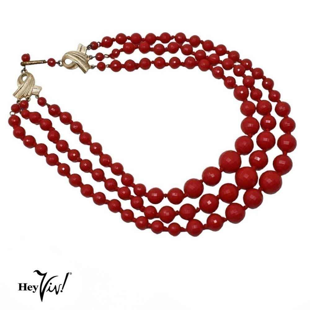 Vintage Triple Strand Red Faceted Graduated Beads W Germany 15" Choker - Hey Viv